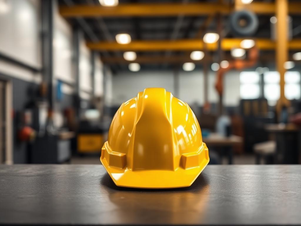 Yellow work helmet on a manufacturing workbench